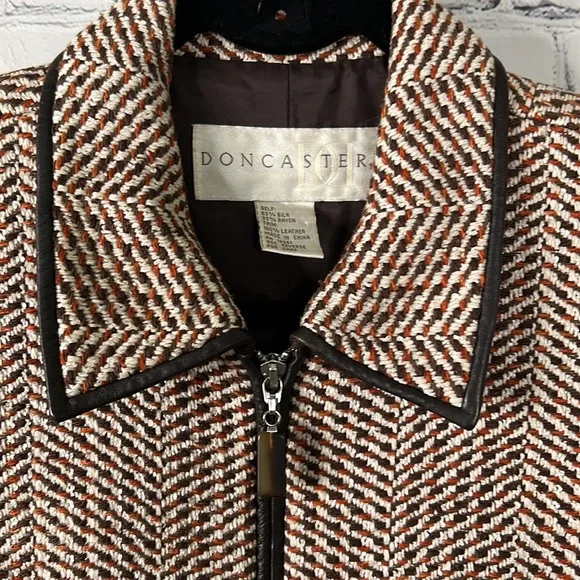 Doncaster tweed brown and orange silk blend blazer with leather trim Sz 4 - Picture 3 of 8